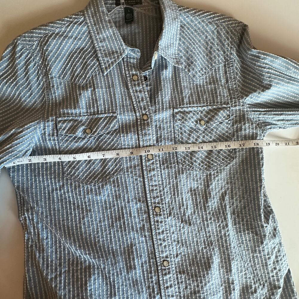LRL Lauren Jeans Striped Pearl Snap Top Womens Large Light Blue Western Shirt - Picture 8 of 10